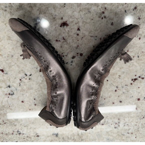 Tod's Women's Size 36.5 (US 6.5) Metallic Taupe Suede Tassel Driving Flats - Picture 6 of 13
